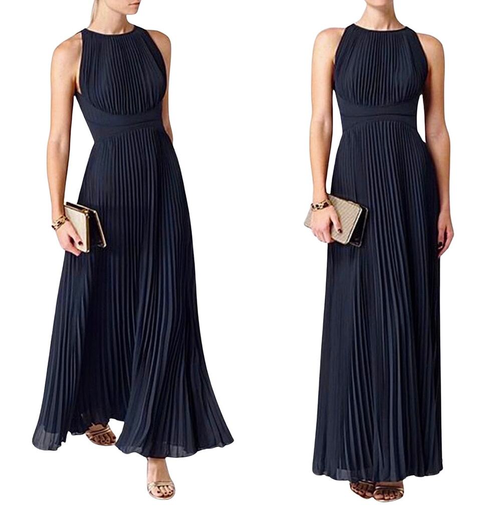 REISS Winnie Lux Navy Pleated Maxi Dress Size 8